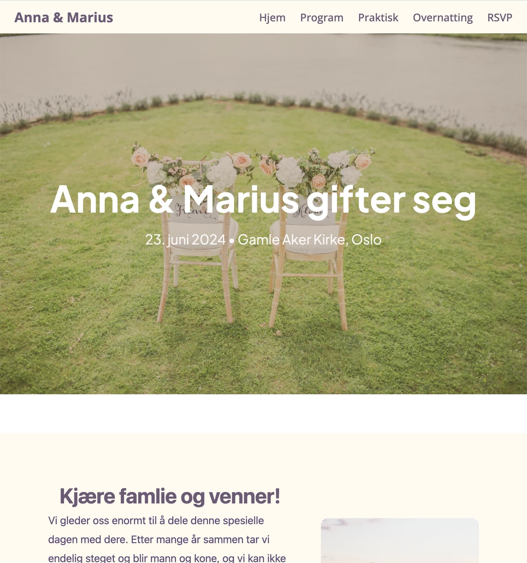 Eksempel på bryllupsside laget i Webfabrikk